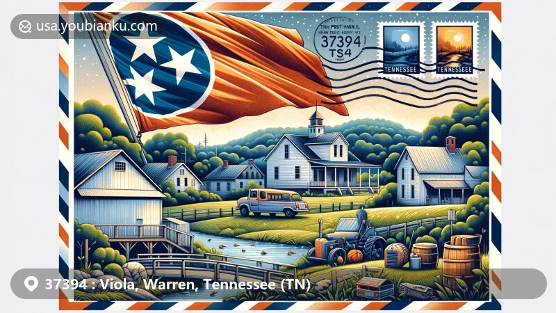 Creative illustration of Viola, Tennessee, merging state emblem with postal elements, including ZIP code 37394, set against a backdrop of small-town charm.