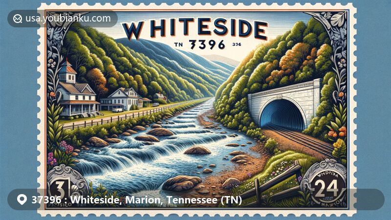 Modern illustration of ZIP code 37396, Whiteside, Marion County, Tennessee, depicting Running Water Creek's natural beauty and Whiteside Tunnel's historical significance, with a vintage postcard theme.