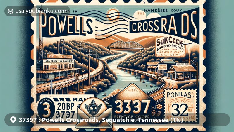 Modern illustration of Powells Crossroads, Marion County, Tennessee, featuring Sequatchie Valley and Suck Creek Road in Prentice Cooper State Forest, with Sue Bob’s Diner and postal elements.