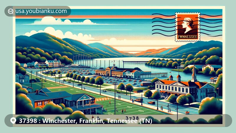 Modern illustration of Winchester, Tennessee, ZIP code 37398, featuring Tims Ford Lake, Sports Complex, and picturesque Middle Tennessee hills, with subtle nods to General James Winchester and town architecture.