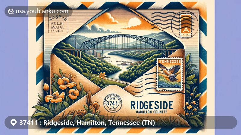 Modern illustration of Ridgeside, Hamilton County, Tennessee, featuring a vintage air mail envelope and scenic landscape, incorporating Appalachian region symbolism and state symbols like Iris and Mockingbird.
