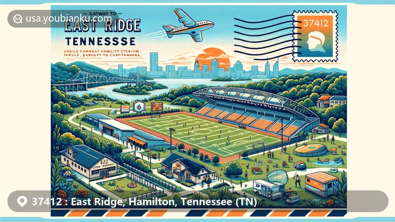 Modern illustration of East Ridge, Tennessee, a gateway to the state, featuring suburban community feel, proximity to Chattanooga, CHI Memorial Stadium, Camp Jordan's greenery, 2020 census diversity nod, and postal elements with ZIP code 37412.