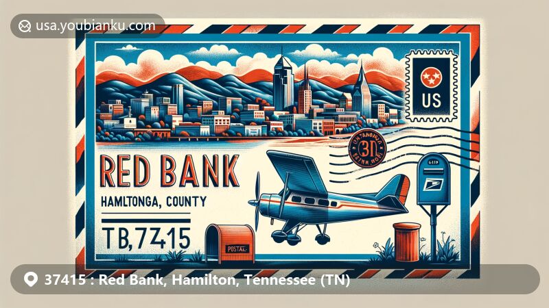 Modern illustration of Red Bank, Hamilton County, Tennessee, depicting postal theme with ZIP code 37415, showcasing Tennessee flag and regional charm.