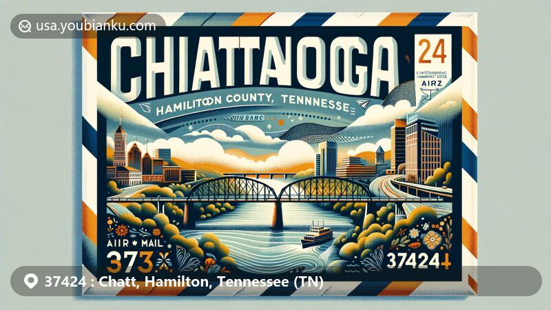 Modern illustration of Chattanooga, Hamilton County, Tennessee, capturing postal theme with iconic Walnut Street Bridge spanning the Tennessee River, showcasing city's urban life against backdrop of rich history and natural beauty.