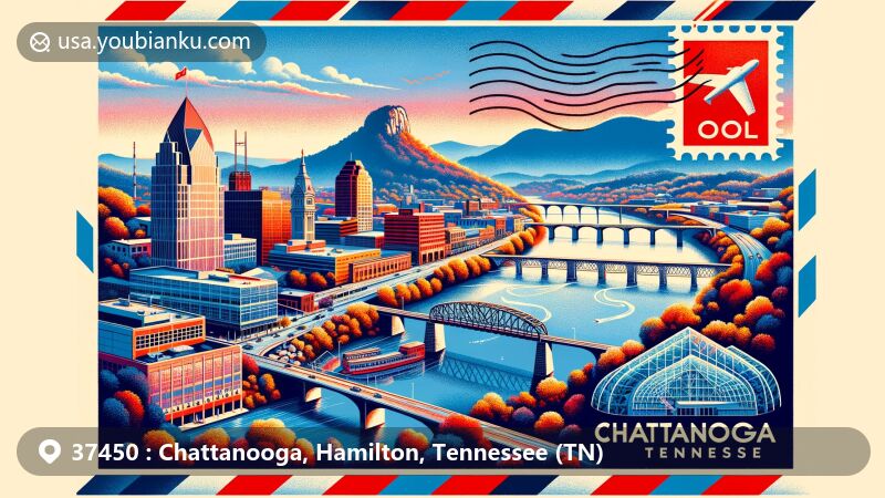 Modern illustration of Chattanooga, Tennessee, featuring iconic landmarks and a creative postal theme, including the Tennessee River, Walnut Street Bridge, Lookout Mountain, Chattanooga Choo Choo, Tennessee Aquarium, and Appalachian Mountains.
