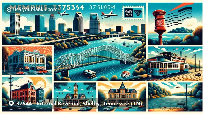 Modern illustration of Memphis, Tennessee, showcasing postal theme with ZIP code 37544, featuring Mississippi River, Shelby Farms Park, Beale Street, and Graceland mansion.
