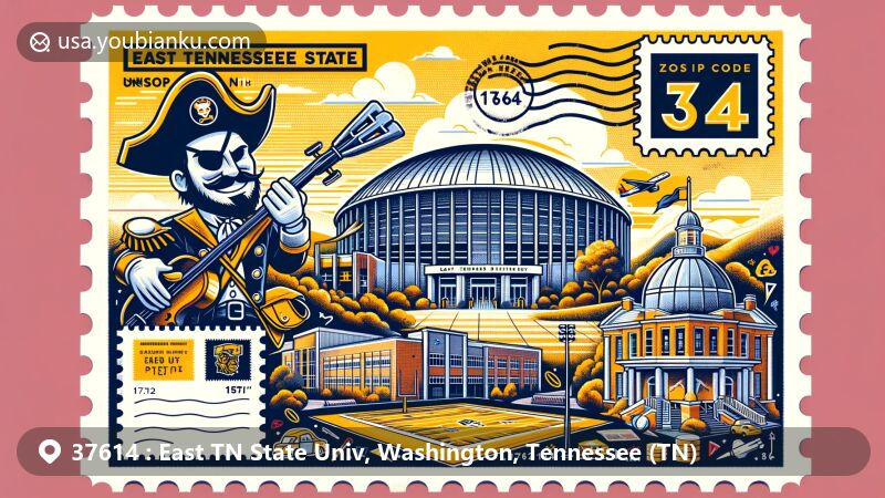 Modern illustration of East Tennessee State University (ETSU) in Johnson City, Washington County, Tennessee, showcasing iconic campus landmarks with postal theme and ZIP code 37614.