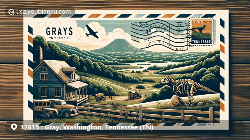 Modern illustration of Gray, Tennessee area with ZIP code 37615, featuring tranquil rural landscape, lush greenery, and rolling hills. Includes Gray Fossil Site, Tennessee state flag stamp, and vintage train silhouette, capturing the area's natural beauty and history.