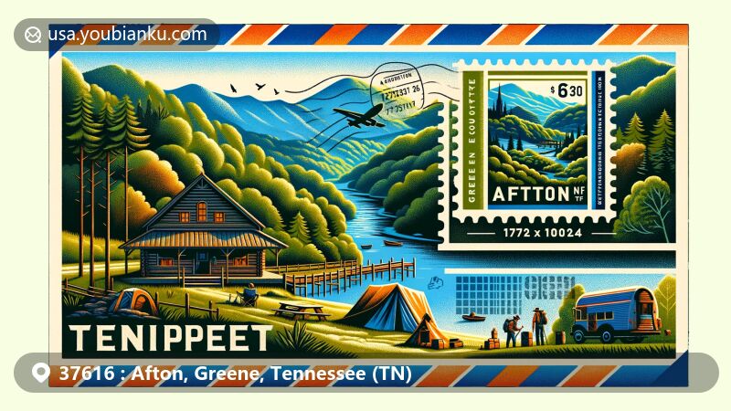 Modern illustration of Afton, Greene, TN, with ZIP code 37616, showcasing natural beauty and postal theme with scenes of outdoor activities and Great Smoky Mountains National Park.