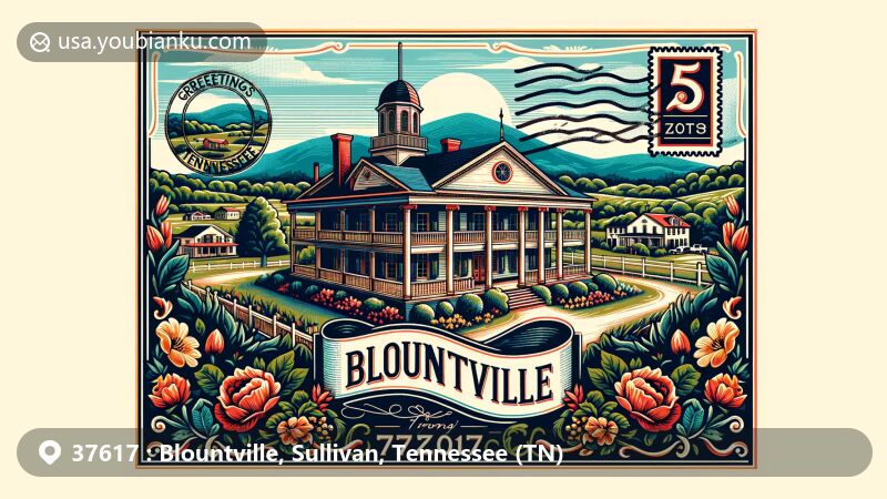 Vintage-style postcard illustration of Blountville, Sullivan, Tennessee, highlighting Old Deery Inn in a contemporary style with lush natural landscapes and vintage stamp element.