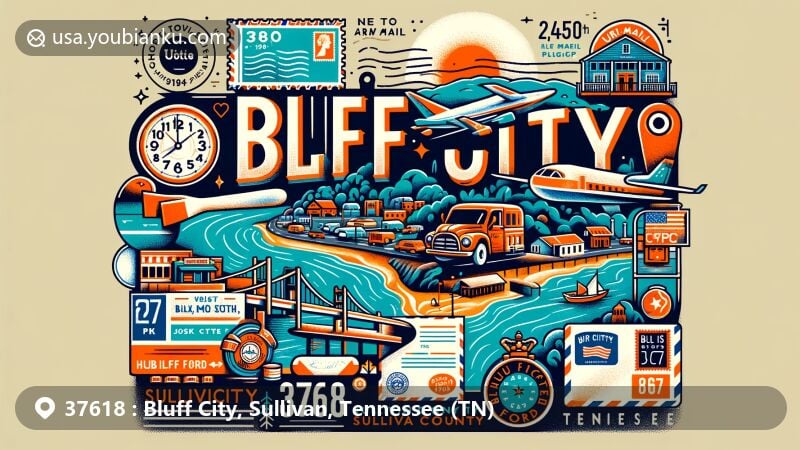 Modern illustration of Bluff City, Sullivan County, Tennessee, showcasing postal theme with ZIP code 37618, featuring geographical elements, history from Choate's Ford to Union to Bluff City, connection to Holston River, and community diversity.
