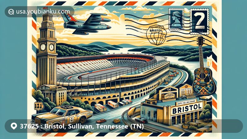 Modern illustration of Bristol, Sullivan County, Tennessee, showcasing Bristol Motor Speedway, Birthplace of Country Music, and natural beauty with South Holston Dam, incorporating postal-themed elements like vintage air mail envelopes, stamps, and postmark with ZIP code 37625.