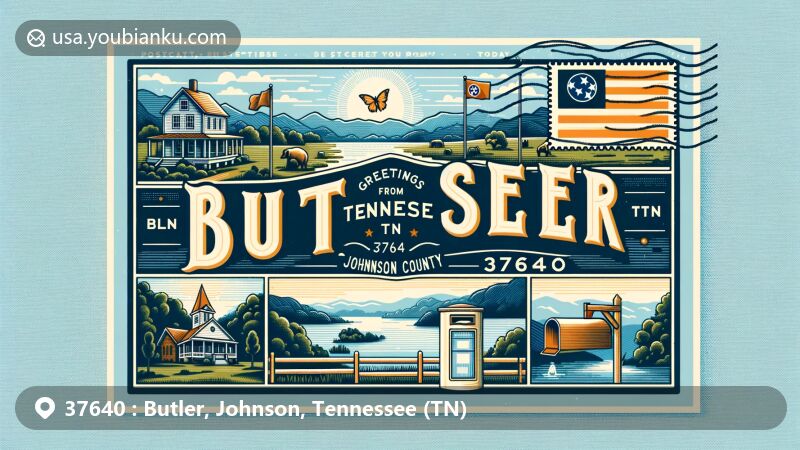 Modern illustration of Butler, Johnson County, Tennessee, capturing the essence of tranquility and natural beauty, featuring the state flag, county symbol, and iconic landscapes, with cleverly integrated postal elements like mailbox and stamp.