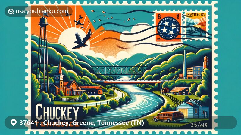 Modern illustration of Chuckey, Tennessee, capturing the essence of the Appalachian Mountains, the Nolichucky River, and the David Crockett Birthplace State Park. Features a postcard design with vintage postal elements like a postage stamp, a 'Chuckey, TN 37641' postmark, and an envelope edge.