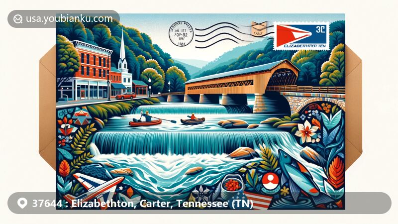 Modern illustration of Elizabethton, Tennessee, blending postal motifs with iconic landmarks, natural beauty, and local culture, featuring Elizabethton Covered Bridge, Watauga River, artistic mosaic of landmarks, Cherokee National Forest, and postal elements.