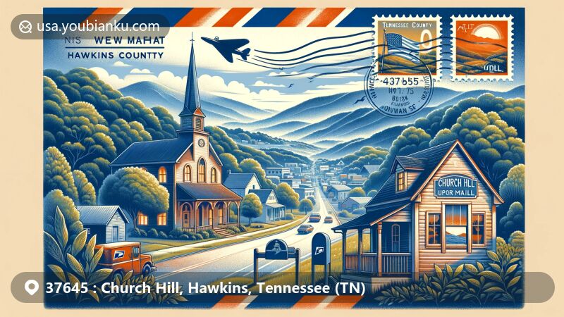Modern illustration of Church Hill, Hawkins County, Tennessee, portraying postal theme with ZIP code 37645, featuring enchanting landscapes and Appalachian foothills.