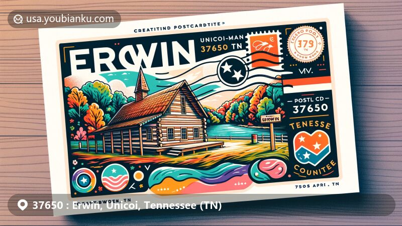Modern illustration of Erwin, Unicoi in Tennessee, highlighting Bogart-Bowman log cabin and park, incorporating Tennessee state flag and Unicoi County outline, with stamp effect featuring '37650' and 'Erwin, TN'.