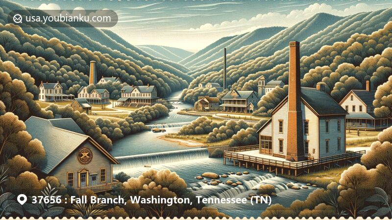 Modern illustration of Fall Branch, Washington County, Tennessee, capturing the town's lush scenery, historical buildings like Masonic Lodge and Joseph Sheppard House, and a postal theme with retro postage stamp and ZIP code 37656.