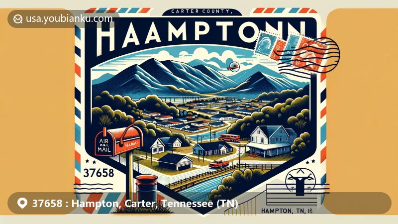 Modern illustration of Hampton, Carter County, Tennessee, blending natural beauty of Unaka Mountains with postal elements like stamps and postmark '37658 Hampton, TN,' featuring mailbox or mail truck.