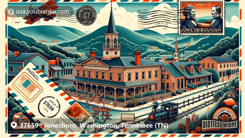 Modern illustration of Jonesborough, Tennessee, highlighting postal theme with ZIP code 37659, featuring the historic Chester Inn and cultural symbols like the International Storytelling Center and references to abolitionist history.