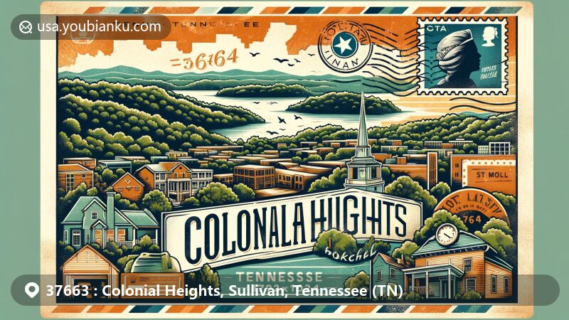 Creative illustration of Colonial Heights, Sullivan County, Tennessee, inspired by ZIP code 37663, featuring natural landscapes and typical residential settings, with vintage postcard layout and state elements.