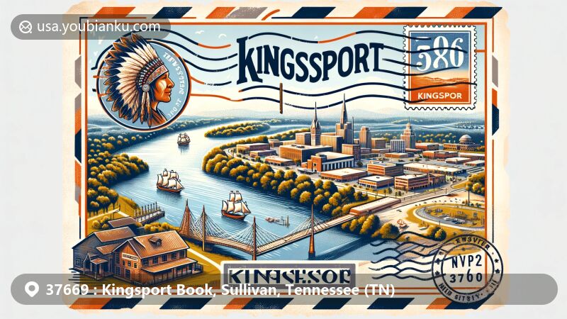 Modern illustration of Long Island, Holston River, in Kingsport, Tennessee, Sullivan County, capturing Cherokee heritage and city's riverside landscape with postal theme incorporating ZIP code 37669.