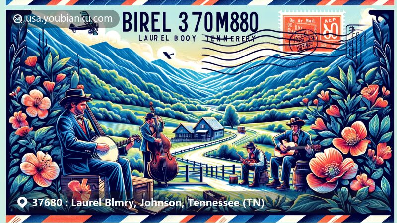 Modern illustration of Laurel Bloomery, Tennessee, representing ZIP code 37680, combining natural beauty of mountains and valleys with cultural heritage of Old Time Fiddler's Convention showcasing old-time folk and bluegrass music.