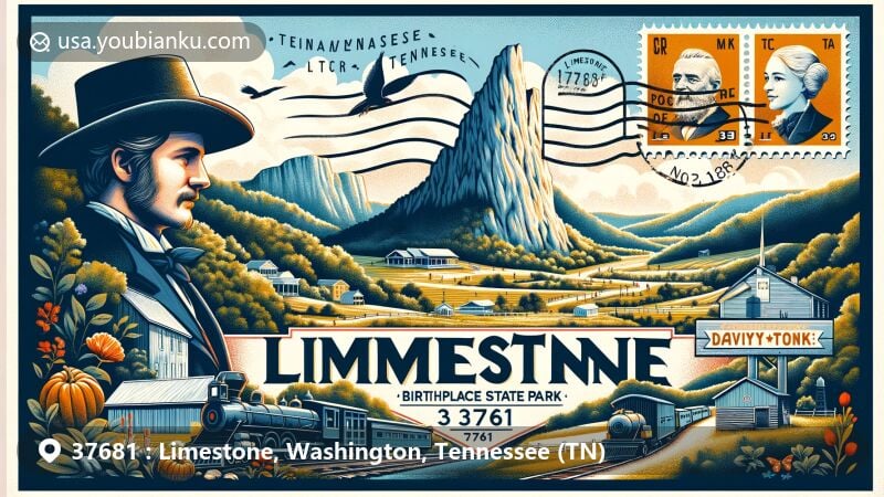 Modern illustration of Limestone, Tennessee, ZIP code 37681, highlighting David Crockett Birthplace State Park and Appalachian landscape.