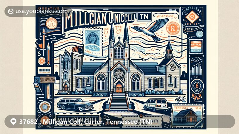 Modern illustration of Milligan Coll, Carter County, Tennessee, showcasing postal theme with ZIP code 37682, featuring Milligan University and Seeger Memorial Chapel.