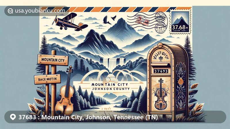 Modern illustration of Mountain City, Johnson, Tennessee, capturing the natural beauty of Doe Mountain and Iron Mountains, featuring a symbolic airmail envelope with ZIP code 37683, stamps, postmark, and a decorative mailbox with violin and music notes patterns.