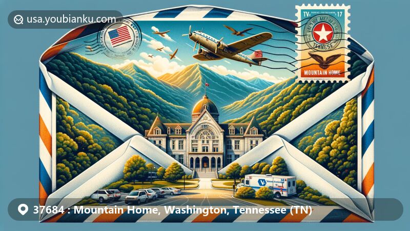 Modern illustration of Mountain Home, Tennessee, featuring the iconic James H. Quillen VA Medical Center in Beaux Arts style, set amidst the beauty of the Smoky Mountains. Design includes a Tennessee state flag stamp, 'Mountain Home, TN 37684' postmark, and symbols of medical care and veterans' services.