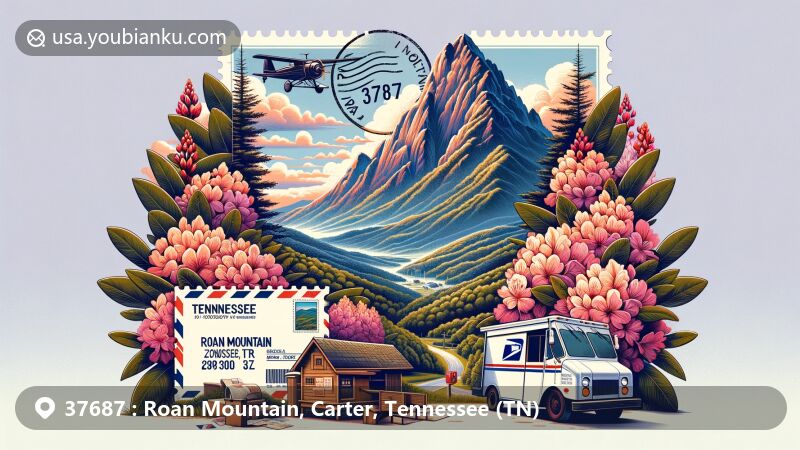 Modern illustration of Roan Mountain, Carter County, Tennessee, highlighting natural beauty and postal heritage with the highest peak outside Great Smoky Mountains, Rhododendron Gardens, vintage postcard, and postal symbols.