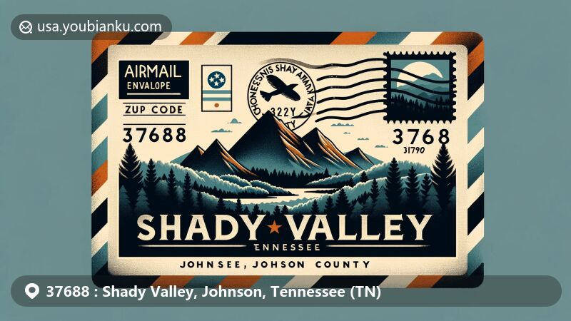 Modern illustration of Shady Valley, Johnson County, Tennessee, featuring airmail envelope design with ZIP code 37688, highlighting natural beauty and rural charm near Cherokee National Forest.