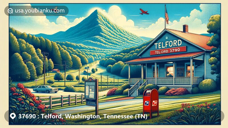 Modern illustration of Telford, Tennessee, showcasing postal theme with ZIP code 37690, against the backdrop of the Appalachian Mountains, featuring lush greenery and a vintage-style post office building.