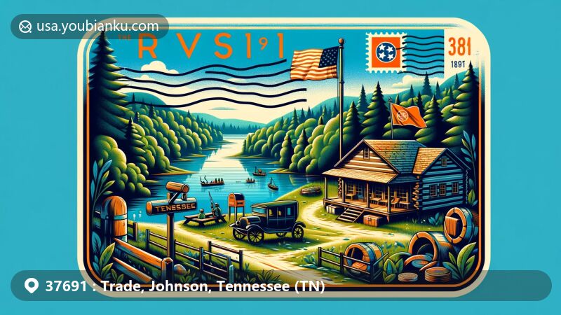 Modern illustration of Trade, Tennessee, showcasing natural beauty, historical trading outpost, and postal elements with ZIP code 37691, including Tennessee state flag.