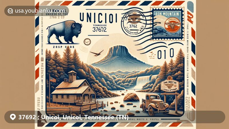 Modern illustration of Unicoi, Tennessee, showcasing postal theme with ZIP code 37692, featuring Buffalo Mountain and Iron Mountain Jenkins Spring.