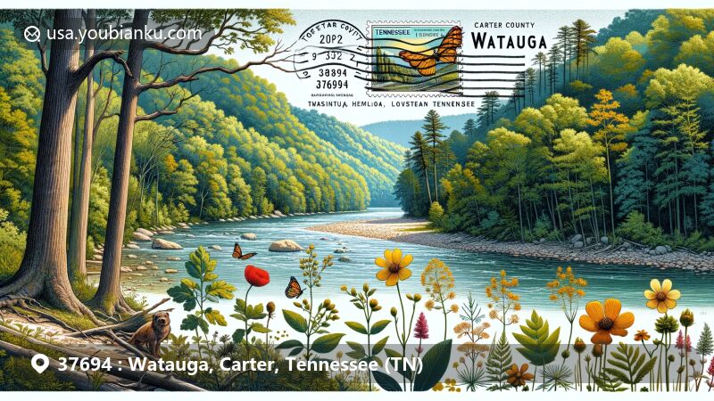 Modern illustration of the Watauga River Bluffs Trail in Carter County, Tennessee, featuring diverse forest trees, wildflowers, and the Watauga River, capturing the serenity and untouched wilderness of the area.
