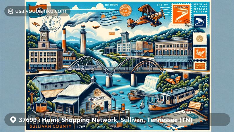 Modern illustration of Home Shopping Network area, Sullivan County, Tennessee, blending landmarks like Boatyard Historic District, Bristol Commercial Historic District, and Boone Hydroelectric Project with iconic postal service symbols.