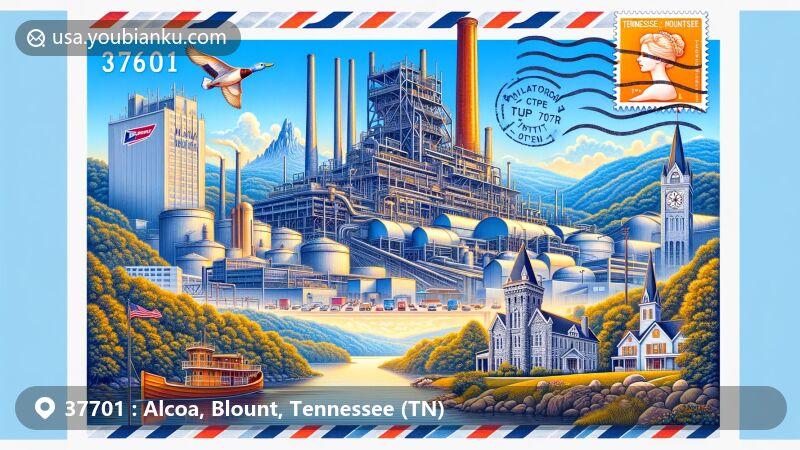 Unique illustration of Alcoa, Tennessee in Blount County, with postal theme and landmarks including Alcoa Duck Pond, Millennium Manor Castle, and Rock Garden Park, symbolizing natural beauty and historical significance.