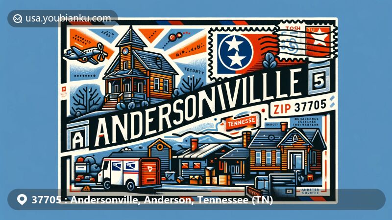 Modern illustration of Andersonville, Anderson County, Tennessee, featuring creative postcard design with state flag, Anderson County outline, and rural building, including postal elements like stamp, postmark, ZIP code 37705, mailbox, and mail truck.