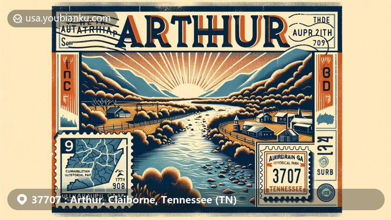 Modern illustration of Arthur, Tennessee, showcasing postal theme with ZIP code 37707, featuring Powell River and Cumberland Gap National Historical Park.