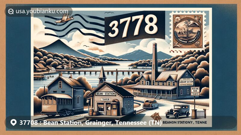 Modern illustration of Bean Station, Grainger County, Tennessee, showcasing postal theme with ZIP code 37708, featuring Cherokee Lake, Clinch Mountain, and Bean Station Tavern.