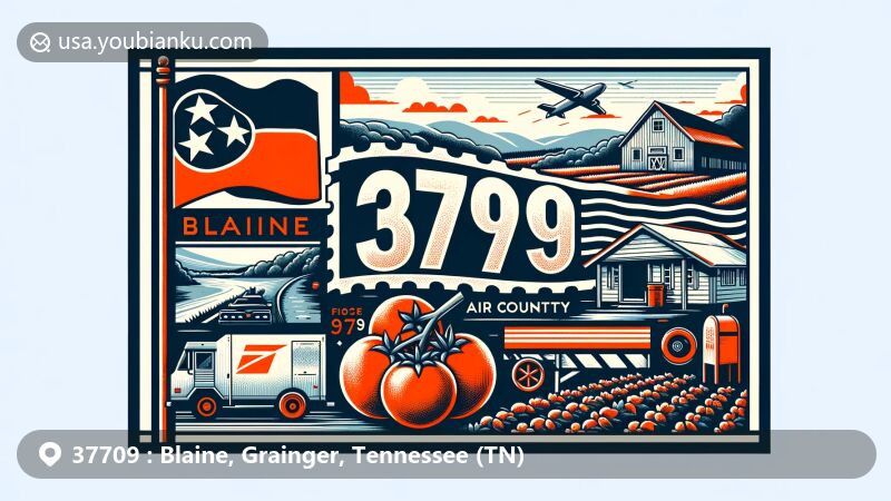 Modern illustration of Blaine, Grainger County, Tennessee, highlighting ZIP code 37709 area with Tennessee flag, Smoky Mountains scenery, tomatoes for agriculture, and postal motifs like stamp, mailbox, and truck.