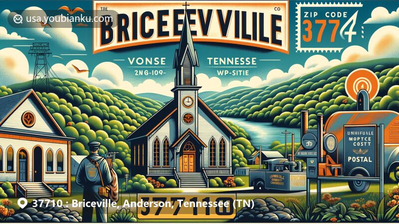 Modern illustration of Briceville community in Anderson County, Tennessee, featuring ZIP code 37710, showcasing rich coal mining heritage and natural beauty with Briceville Community Church against a backdrop of lush green mountains and forests.