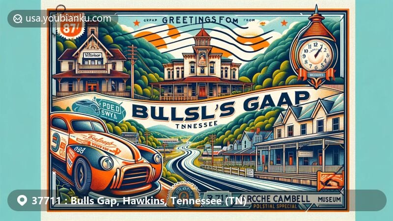 Modern illustration of Bulls Gap, Hawkins, Tennessee, showcasing postal theme with ZIP code 37711, featuring historic buildings, Volunteer Speedway, and elements of Archie Campbell Museum.
