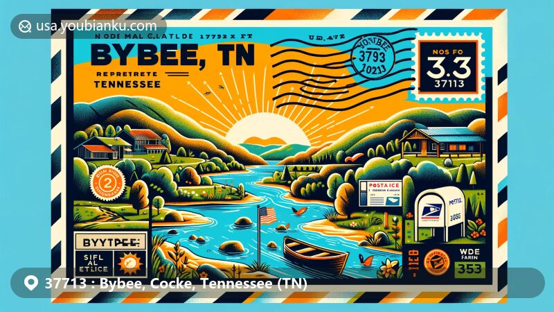 Modern illustration of Bybee, Cocke County, Tennessee, focusing on ZIP code 37713, showcasing rural charm, outdoor activities like hiking, swimming, and fishing, and symbols of Tennessee, including the state flag.