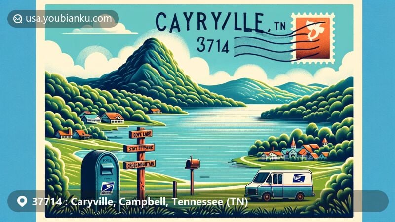 Modern illustration of Caryville, Tennessee, showcasing Cove Lake State Park with Cross Mountain in the background, postal theme with 'Caryville, TN 37714,' and symbolic elements of mailbox and postal van.