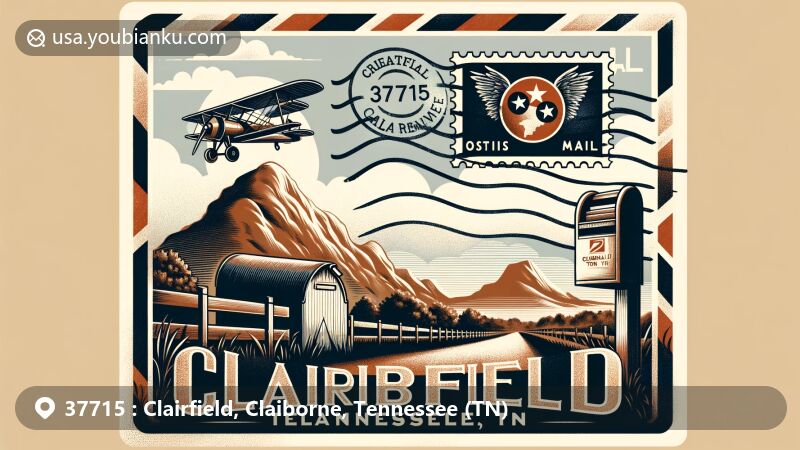 Modern illustration of Clairfield, Tennessee, featuring vintage air mail envelope with Tennessee state flag stamp and postmark '37715 Clairfield, TN', complemented by mailbox and postal car against Cumberland Mountains backdrop.