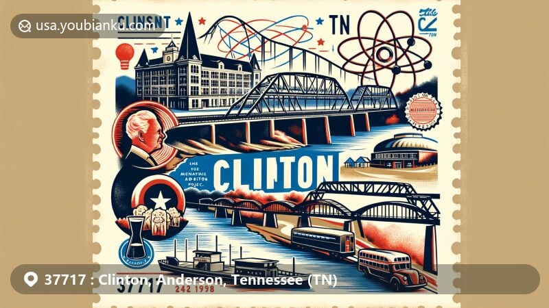 Modern illustration of Clinton, Tennessee, highlighting historical and cultural significance, focusing on Manhattan Project and Clinton 12 desegregation efforts, set against Clinch River backdrop, integrating postal elements and vintage postcard layout, featuring ZIP code 37717.