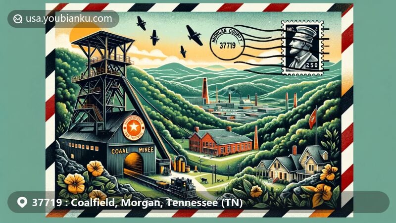 Modern illustration of Coalfield, Morgan County, Tennessee, depicting coal mining heritage with a coal mine entrance and historic mining equipment, showcasing the Coalfield post office and ZIP code 37719, incorporating elements of the Tennessee state flag.